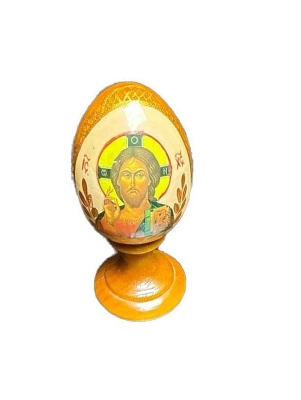 Russian Orthodox Hand Painted Wood Lacquer Icon Egg Stand Christ Pantocrator 3”